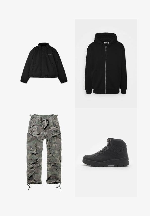 Chaqueta negra acolchada con un alto cuello, bolsillos laterales con cremallera y un logotipo de marca en el pecho. Acabado liso, diseño corto.; Sudadera con cremallera negra y capucha ajustable, con bolsillos frontales, puños acanalados y una textura de tela suave. Etiqueta de marca central visible en el interior.; Camiseta sin mangas negra de canalé con cuello redondo y un logo circular en blanco en el pecho; cuenta con un diseño ajustado.; Pantalones cargo camuflados en verde y gris, con múltiples bolsillos, cintura elástica, puños de tobillo ajustables y un corte relajado.; Botas negras de ante hasta el tobillo. Presentan ojales de metal, cordones y una suela de goma texturizada con un talón reforzado.