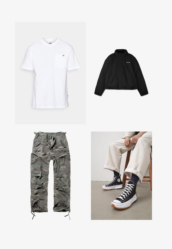 Juoda paminta striukė su aukštu apykakle, užtrauktuku užsegamomis šoninėmis kišenėmis ir prekės ženklu ant krūtinės. Lygus paviršius, trumpa forma.; Juodas užtraukiamas džemperis su reguliuojamu gobtuvu, priekinėmis kišenėmis, raištelių rankovėmis ir lygiu audinio paviršiumi. Viduje matoma centrinė prekės ženklo etiketė.; Balta medvilnės marškinėliai su apvalia iškirpte, trumpomis rankovėmis ir krūtinės kišeniu, kuriame kairėje pusėje yra nedidelis prekės ženklo logotipas.; Žali ir pilki kamufliažo krovinių kelnės, su keliais kišenėmis, elastingu juosmeniu, reguliuojamais kulkšnies užsegimais ir laisvu siluetu.; Juodi aukšti sportbačiai su baltais raišteliais ir guminiais pirštų gaubtais. Stori balti padai su tekstūruotu ruduo padu, dėvimi su tamsiai mėlynomis raištelinėmis kojinėmis.