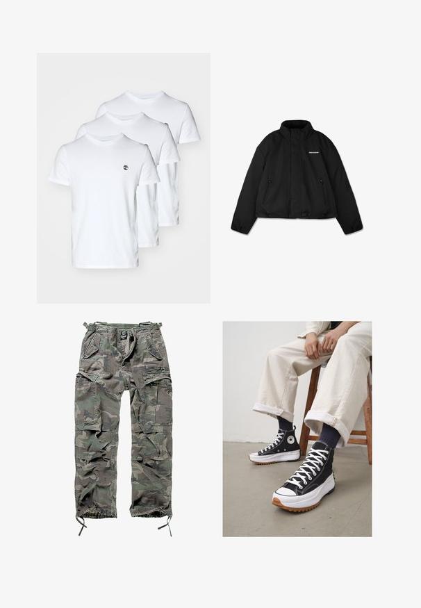 Chaqueta negra acolchada con un alto cuello, bolsillos laterales con cremallera y un logotipo de marca en el pecho. Acabado liso, diseño corto.; Sudadera con cremallera negra y capucha ajustable, con bolsillos frontales, puños acanalados y una textura de tela suave. Etiqueta de marca central visible en el interior.; Tres camisetas de algodón blancas de cuello redondo, con un pequeño logo en el lado izquierdo del pecho. Textura lisa; ajuste regular.; Pantalones cargo camuflados en verde y gris, con múltiples bolsillos, cintura elástica, puños de tobillo ajustables y un corte relajado.; Zapatillas altas negras con cordones blancos y puntera de goma. Suela blanca gruesa con una suela exterior marrón texturizada, usadas con calcetas a rayas en tonos azul marino.