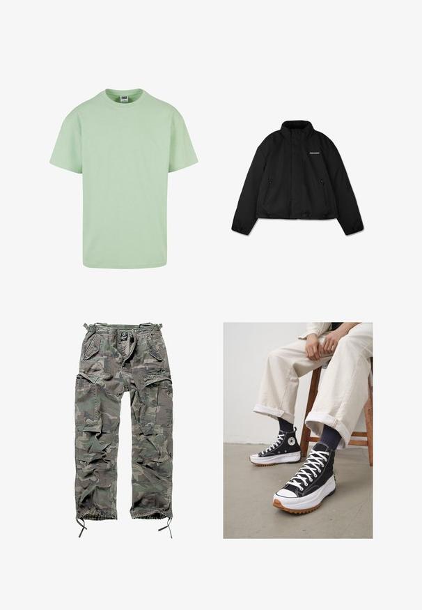 Črna podložena jakna z visokim ovratnikom, z zadrgo na stranskih žepih in blagovno znamko na prsih. Gladka površina, skrajšana zasnova.; Črna zip-up kapuca z vrvico pri kapuci, sprednjimi žepi, rebrastimi manšeti in gladkim materialom. Osrednja oznaka blagovne znamke je vidna znotraj.; Majica s kratkimi rokavi iz mehkega, svetlo zelenega bombaža. Klasična zasnova s krožnim ovratnikom, lahka tekstura in nekoliko ohlapen kroj za udobje.; Kamo cargo hlače v zeleni in sivi barvi, s številnimi żepi, elastičnim pasom, nastavljivimi zvončkami na gležnjih in sproščenim krojem.; Črne visoke tenisice z belimi vezalkami in gumijastim zaščitnim vrhom. Pogrnjen debel bel podplat z teksturiranim rjavim zunanjim podplatom, obute z mornarskimi črtastimi nogavicami.