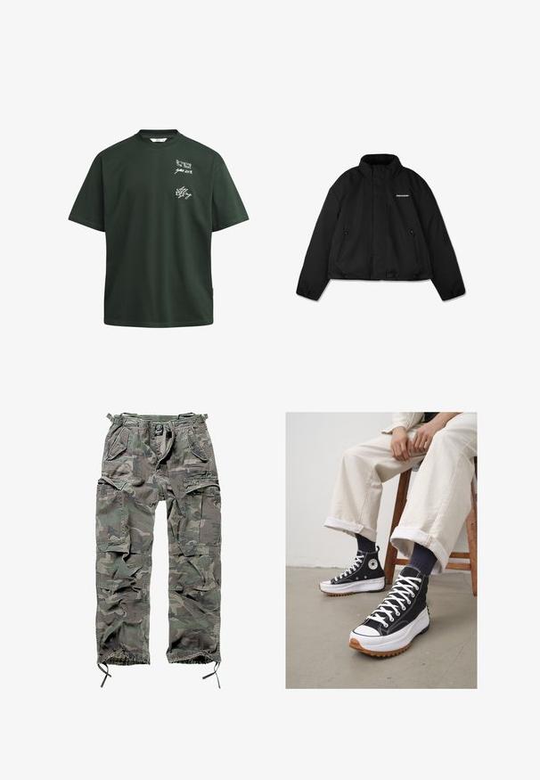 Black padded jacket with a high collar, zippered side pockets, and a branded logo on the chest. Smooth finish, cropped design.; Black zip-up hoodie with a drawstring hood, front pockets, ribbed cuffs, and a smooth fabric texture. Central branding tag visible inside.; Dark green cotton T-shirt with short sleeves, round neck, and white printed text, featuring a relaxed fit and no visible embellishments.; Camo cargo pants in green and gray, featuring multiple pockets, elastic waistband, adjustable ankle cuffs, and a relaxed fit.; High-top black sneakers with white laces and rubber toe cap. Thick white sole with a textured brown outsole, worn with navy striped socks.