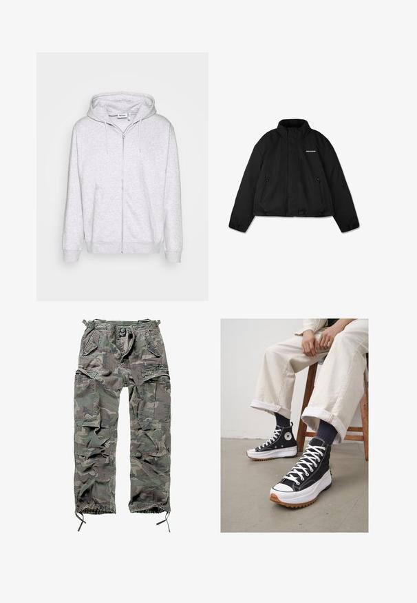 Veste rembourrée noire avec un col montant, poches latérales zippées et un logo de marque sur la poitrine. Fini lisse, design court.; Hoodie zippé gris clair en tissu doux. Il présente une fermeture éclair à l'avant, deux poches latérales et une capuche avec cordon de serrage ajustable.; T-shirt en coton blanc avec des manches courtes, un col rond, une coupe décontractée et sans logos ni motifs visibles. Texture lisse et design minimaliste.; Pantalons cargo camouflage en vert et gris, avec plusieurs poches, une taille élastique, des poignets de cheville ajustables et une coupe décontractée.; Baskets montantes noires avec lacets blancs et embout en caoutchouc. Semelle blanche épaisse avec une semelle extérieure marron texturée, portées avec des chaussettes rayées bleu marine.