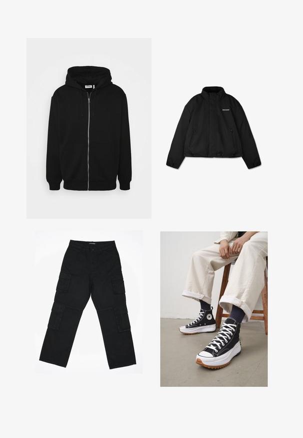 Black padded jacket with a high collar, zippered side pockets, and a branded logo on the chest. Smooth finish, cropped design.; Black zip-up hoodie with a drawstring hood, front pockets, ribbed cuffs, and a smooth fabric texture. Central branding tag visible inside.; White cotton t-shirt with short sleeves, rounded neckline, relaxed fit, and no visible logos or patterns. Smooth texture and minimal design.; Black cargo pants made of cotton fabric. Features multiple side pockets, a straight leg design, and a button closure at the waist.; High-top black sneakers with white laces and rubber toe cap. Thick white sole with a textured brown outsole, worn with navy striped socks.
