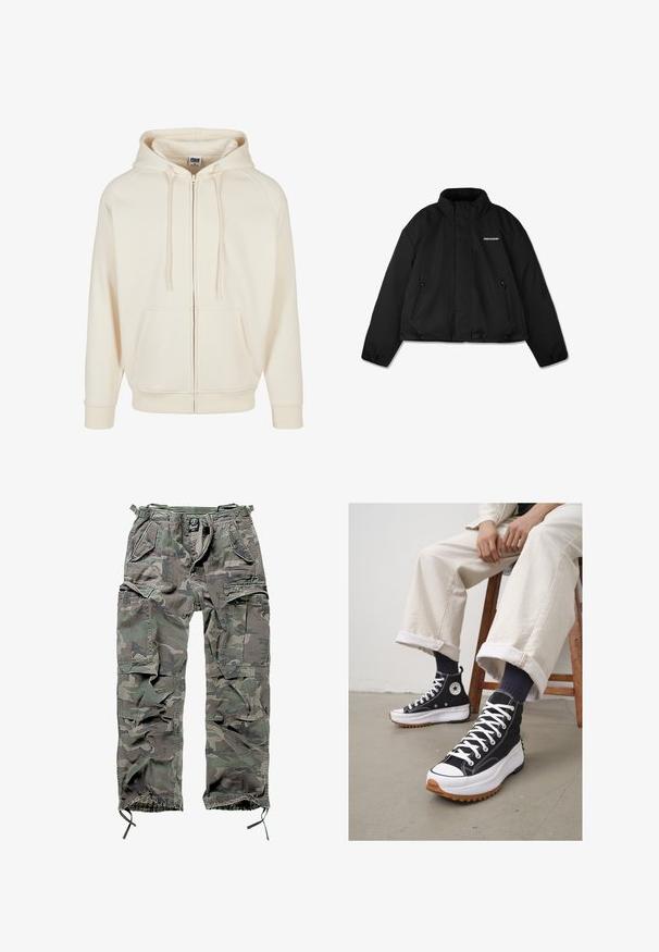 Svart polstret jakke med høy krage, glidelås-lommer på sidene og et merkenavnlogo på brystet. Glatt overflate, kort design.; Kremfarget sweatshirt med glidelås foran, snøring i hetten, frontlommer og ribbede mansjetter. Glatt stofftekstur og avslappet design.; Hvit bomull t-skjorte med korte ermer, rund utringning, avslappet passform, og ingen synlige logoer eller mønstre. Glatt tekstur og minimalistisk design.; Kamuflasje cargo bukser i grønn og grå, med flere lommer, elastisk midjebånd, justerbare ankelmansjetter og en avslappet passform.; Høye svarte sneakers med hvite lisser og gummitåhette. Tykkt hvitt såle med en teksturert brun yttersåle, brukt med marineblå stripete sokker.