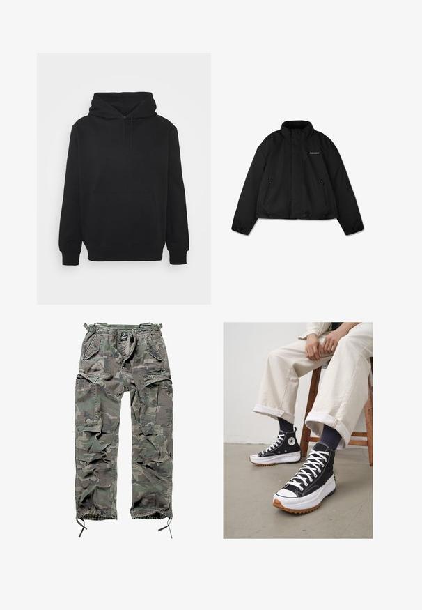 Melnā polsterētā jaka ar augstu apkakli, ar rāvējslēdzēja sānu kabatām un zīmolu uz krūtīm. Gluda virsma, īsais dizains.; Melns kapucēts sporta krekls, kas izgatavots no mīksta auduma, ar kengura kabatu, kapuci ar auklu un ribotām aprocēm. Vienkāršs dizains bez rakstiem.; Kamikaze krūšu bikses zaļā un pelēkā krāsā, ar vairākiem kabatām, elastīgu jostasvietu, regulējamiem potīšu galviņām un brīvu piegriezumu.; Augstie melnie sporta apavi ar baltām auklām un gumiju purngalā. Bieza balta zole ar strukturētu brūnu ārējo zoli, valkāti ar zilām svītrainām zeķēm.