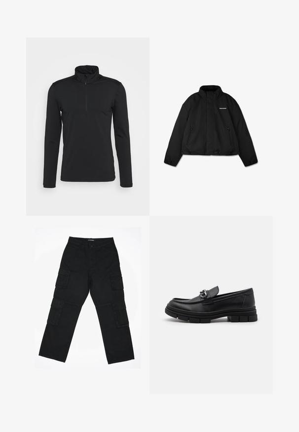 Black padded jacket with a high collar, zippered side pockets, and a branded logo on the chest. Smooth finish, cropped design.; Black long-sleeve pullover with a high collar and zippered neckline. Smooth texture, no visible patterns, and minimalistic design.; Black cargo pants made of cotton fabric. Features multiple side pockets, a straight leg design, and a button closure at the waist.; Black leather loafer with a rounded toe, a decorative strap and hardware, and a chunky textured sole. Smooth finish with subtle detailing.