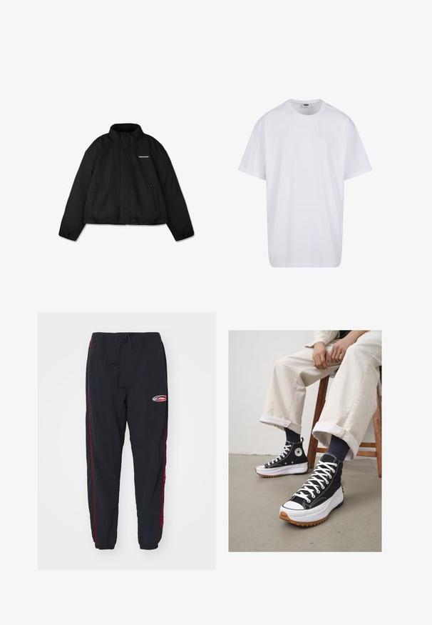 Sort polstret jakke med høj krave, lynlåslommer på siden og et mærke på brystet. Glat overflade, cropped design.; Hvid bomulds t-shirt med korte ærmer, rund halsudskæring, afslappet pasform, og ingen synlige logoer eller mønstre. Glat tekstur og minimalistisk design.; Sorte træningsbukser lavet af letvægtsmateriale, med røde sidelister og et logo på venstre lår. Elastisk talje med snore.; Høje sorte sneakers med hvide snørebånd og gummitå. Tykk hvid sål med en tekstureret brun ydersål, båret med marineblå stribede sokker.