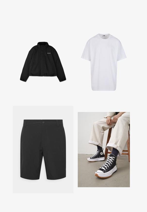 Melnā polsterētā jaka ar augstu apkakli, ar rāvējslēdzēja sānu kabatām un zīmolu uz krūtīm. Gluda virsma, īsais dizains.; Balta kokvilnas T-kreklu ar īsām piedurknēm, apaļu kakla izgriezumu, brīvu piegriezumu un bez redzamām logo vai rakstiem. Gluda tekstūra un minimālistisks dizains.; Melnas šortus, izgatavotus no viegla auduma, ar pogu aizdari, plakanu priekšpusi un sānu kabatām. Gluda tekstūra un garums virs ceļgaliem.; Augstie melnie sporta apavi ar baltām auklām un gumiju purngalā. Bieza balta zole ar strukturētu brūnu ārējo zoli, valkāti ar zilām svītrainām zeķēm.