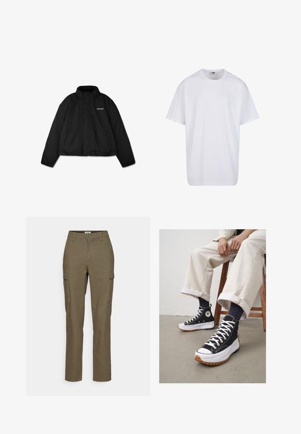 Musta pehmustettu takki korkealla kauluksella, vetoketjulliset sivutaskut ja brändilogo rinnassa. Sileä pinta, lyhyt malli.; Valkoinen puuvillainen t-paita, jossa on lyhyet hihat, pyöreä kaula-aukko, rento istuvuus ja ei näkyviä logoja tai kuvioita. Sileä pinta ja minimaalinen muotoilu.; Olivi vihreät cargo-housut suorin lahkein, joissa on kaksi sivutaskua, nappisuljenta ja teksturoitu kangas.; Korkeat mustat tennarit, joissa on valkoiset nauhat ja kuminen varvaskuppi. Paksu valkoinen pohja, jossa on kuvioitu ruskea ulkopohja, käytetty tummansinisien raidallisten sukkien kanssa.