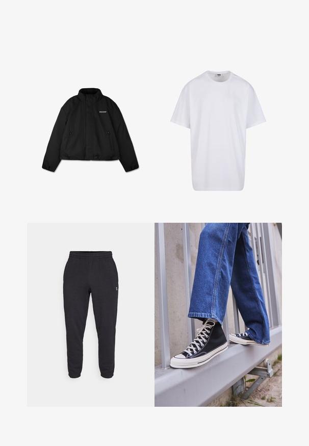 Zwarte gewatteerde jas met een hoge kraag, met rits afgesloten zijzakken en een logo op de borst. Gladde afwerking, cropped ontwerp.; Witte katoenen t-shirt met korte mouwen, ronde hals, relaxte pasvorm en zonder zichtbare logo's of patronen. Gladde textuur en minimalistisch ontwerp.; Zwarte joggingbroek met een elastische tailleband en boorden, gemaakt van zachte katoenen stof. Heeft een klein logo op de linkerdij.; Zwarte hoge sneakers met witte zool en veters, gecombineerd met losse blauwe denim jeans, rustend op een grijze leuning.
