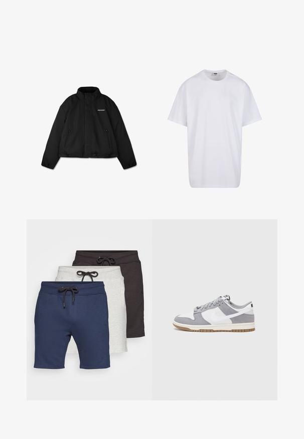 Jachetă neagră căptușită cu guler înalt, buzunare laterale cu fermoar și un logo de marcă pe piept. Finisaj neted, design scurtat.; Tricou alb din bumbac cu mâneci scurte, decolteu rotund, croială lejeră și fără logo-uri sau modele vizibile. Textură netedă și design minimalist.; Set de trei perechi de pantaloni scurți: bleumarin, gri deschis și gri închis. Fabricat dintr-un material moale, cu talie elastică și șnur de ajustare.; Adidașii Nike prezintă o parte superioară din piele întoarsă gri și piele albă cu perforații, șireturi rotunde și o talpă gumă pentru aderență.