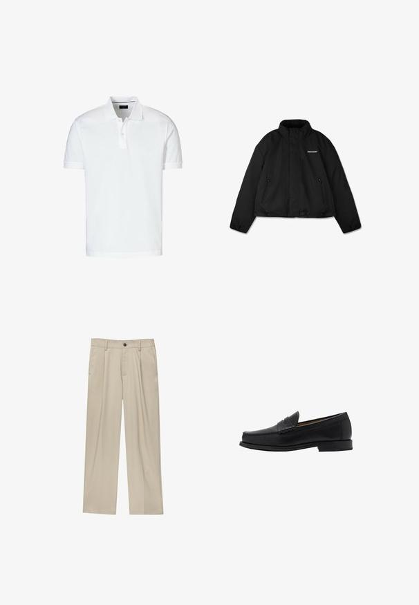 Giacca nera imbottita con colletto alto, tasche laterali con cerniera e logo del marchio sul petto. Finitura liscia, design corto.; Polo shirt bianco a maniche corte in cotone, con colletto classico, patta con due bottoni e orlo dritto.; Pantaloni beige a taglio dritto, con un solo bottone nero, passanti per la cintura e tasche laterali. Tessuto dalla texture liscia e design minimale.; Mango Mocassini eleganti - black