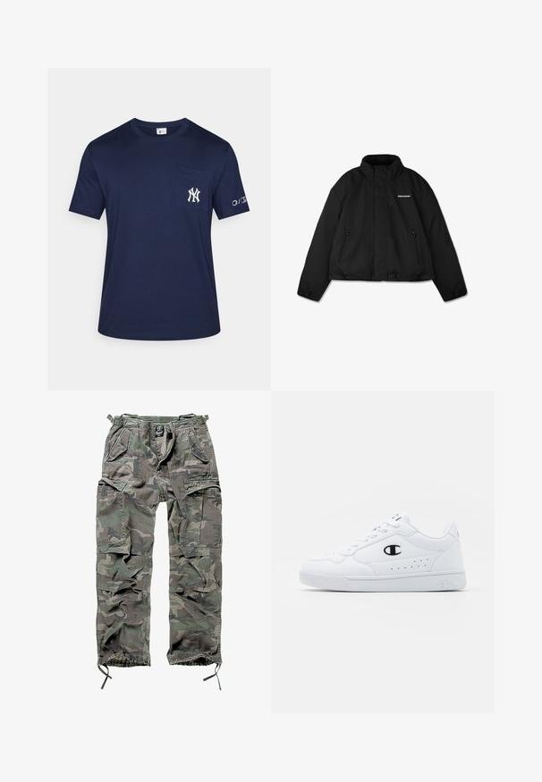 Melnā polsterētā jaka ar augstu apkakli, ar rāvējslēdzēja sānu kabatām un zīmolu uz krūtīm. Gluda virsma, īsais dizains.; Tumsā zila kokvilnas t-kreklu ar kabatu; uz krūtīm ir izšūts Ņujorkas "Yankees" logotips un logotips uz piedurknes.; Kamikaze krūšu bikses zaļā un pelēkā krāsā, ar vairākiem kabatām, elastīgu jostasvietu, regulējamiem potīšu galviņām un brīvu piegriezumu.; Baltas sporta apavi ar gludu sintētisku augšdaļu, melnu logotipa akcentu un perforētu apdari sānos. Gumijas zole.