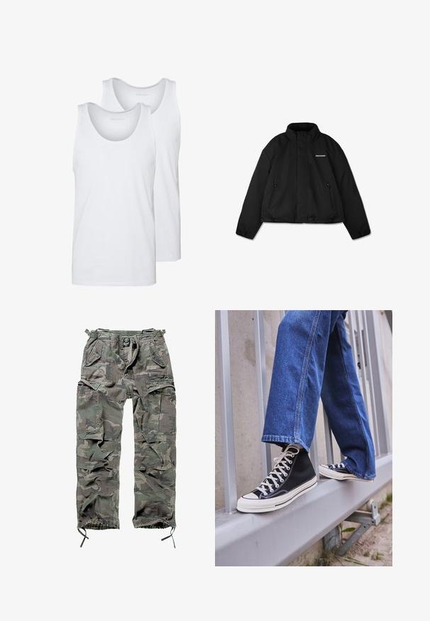 Giacca nera imbottita con colletto alto, tasche laterali con cerniera e logo del marchio sul petto. Finitura liscia, design corto.; Canottiere bianche in cotone con scolli arrotondati, caratterizzate da una texture liscia. Due pezzi esposti, etichettati "PIER ONE".; Pantaloni cargo mimetici in verde e grigio, con numerose tasche, vita elasticizzata, polsini regolabili e una vestibilità rilassata.; Scarpe da ginnastica nere alte con suola e lacci bianchi, abbinate a jeans di denim blu larghi, appoggiate su un parapetto grigio.
