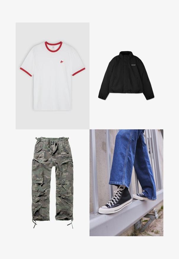 Čierna zateplená bunda s vysokým golierom, zipsovými bočnými vreckami a značkovým logom na prsiach. Hladký povrch, skrátený dizajn.; Biela bavlnená tričko s červeným rebrovaným golierom a manžetami, so zeleným vyšitým logom koňa na ľavej strane hrudi.; Zelené a šedé maskáčové cargo nohavice so viacerými vreckami, elastickým pásom, nastaviteľnými manžetami na členkoch a voľným strihom.; Čierne vysoké tenisky s bielou podrážkou a šnúrkami, kombinované so voľnými modrými riflami, položené na sivej zábradlí.