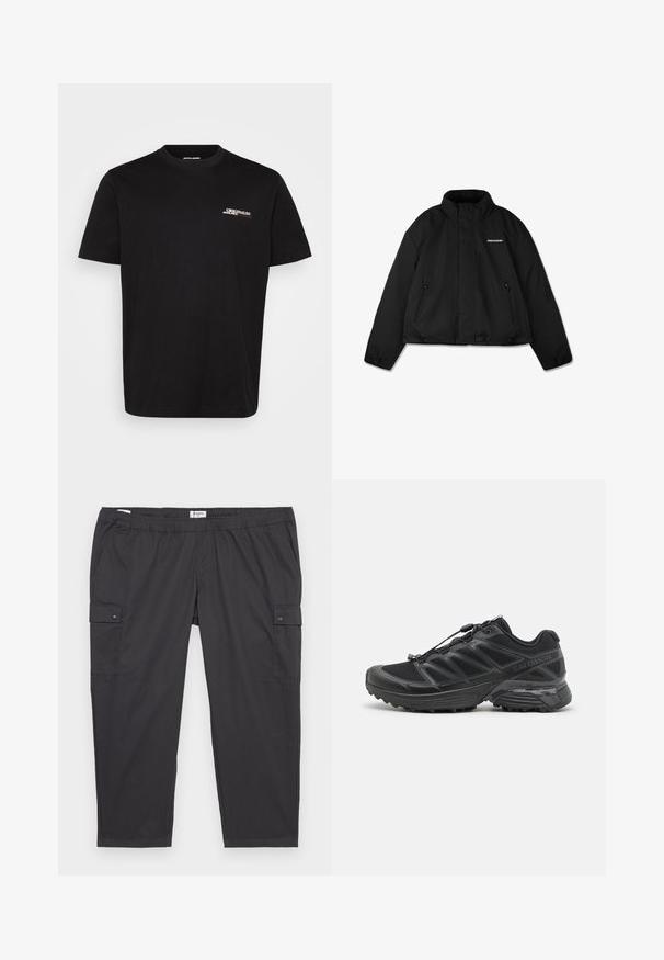 Čierna zateplená bunda s vysokým golierom, zipsovými bočnými vreckami a značkovým logom na prsiach. Hladký povrch, skrátený dizajn.; Čierne bavlnené tričko s krátkymi rukávmi, okrúhlym výstrihom a malým bielym a červeným nápisom "ORIGINALS" na prednej strane.; Čierne cargo nohavice s elastickým pásom, bočnými vreckami a ozdobnými patentkami. Vyrobené z ľahkej, hladkej tkaniny.; Čierne behacie topánky so sieťovinovým a syntetickým zvrškom, flexibilná podrážka a elastické šnúrky. Obsahuje polstrovanú medzipodrážku pre pohodlie.