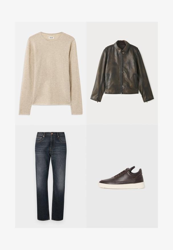 Leren jas in donkerbruin, met een rits aan de voorkant, drukknoopkraag en twee zijzakken. Glide textuur met subtiele kleurvariaties.; Beige langslavenshirt van zacht materiaal, met een ronde halslijn en subtiele stiksels aan de onderkant links.; Donkerblauwe denim jeans met een rechte pijp, voorzien van vijf zakken, koperkleurige hardware en subtiele vervaging op de dijen.; Donkerbruin gestructureerd leren sneaker met vetersluiting en een witte gegroefde rubberen zool tegen een effen lichte achtergrond.