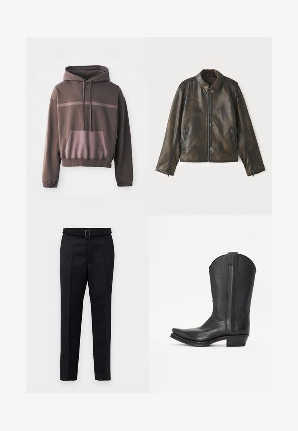 Leather jacket in dark brown, featuring a front zipper, snap collar, and two side pockets. Smooth texture with subtle color variations.; Short-sleeve, oversized hoodie in dark brown with a gradient light brown stripe, front pocket, and drawstring hood. Soft cotton blend fabric.; Black tailored trousers feature a smooth fabric, straight cut, and a belted waist with a rectangular buckle. Notable front creases enhance the design.; Won Hundred BOGOTA CLEAN UNISEX - Cowboy/Biker boots - black