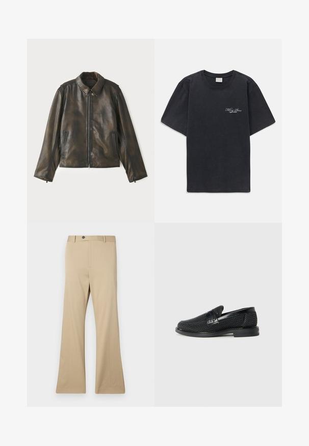 Lederjacke in dunkelbrown mit einem Reißverschluss an der Vorderseite, Druckknopfkragen und zwei Seitentaschen. Glatte Textur mit dezenten Farbabweichungen.; Schwarzes T-Shirt mit kurzen Ärmeln und Rundhalsausschnitt, mit kleinem weißen "Filling Pieces"-Textlogo auf der linken Brust.; Beige lässige Hosen aus glattem Stoff. Verfügt über einen Knopfverschluss, vordere Taschen und eine taillierte Passform an den Hüften, die sich bis zu einem weiten Bein erstreckt.; Schwarzer geflochtener Slipper mit einem glatten Lederakzent im Obermaterial, einem runden Zehendesign und einer flachen Gummisohle.