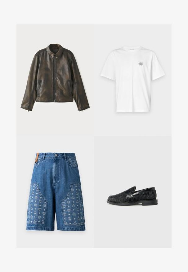 Kožená bunda v tmavě hnědé barvě, se zapínáním na zip vpředu, klopovým límcem a dvěma bočními kapsami. Hladká textura s jemnými barevnými variacemi.; Bílá bavlněná trička s krátkým rukávem, kulatým výstřihem a malým šedým logem na levé části hrudi. Hladká textura.; Modré džínové šortky s vzorovanými panely, které obsahují loga, náplety na kapsách a klasický pas se zapínáním na kovový knoflík.; Černé pletené nazouvací boty s hladkým koženým akcentem na svršku, kulatou špičkou a nízkoprofilovou gumovou podrážkou.