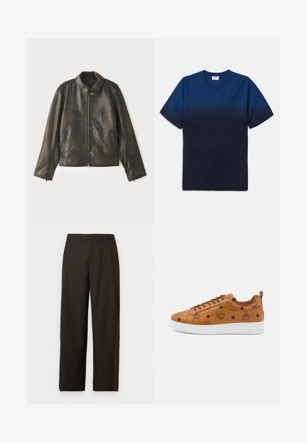 Melnā brūnā ādas jaka ar priekšējo rāvējslēdzēju, pogām aizveramu apkakli un divām sānu kabatām. Gluda tekstūra ar vieglām krāsas variācijām.; Tums zila kokvilnas T-kreklu ar apaļu kaklu, īsām piedurknēm un izsmalcinātu gradientu dizainu, kas pāriet no gaišākām uz tumšākām nokrāsām.; Brūnas platām kājām bikses, izgatavotas no gludas auduma, ar plakanu priekšpusi bez redzamām kabatām vai rotājumiem.; Brūni ādas sporta apavi, kas rotāti ar MCM logotipu, dimanta rakstu, baltu gumijas zoli un kontrastējošām brūnām auklām.