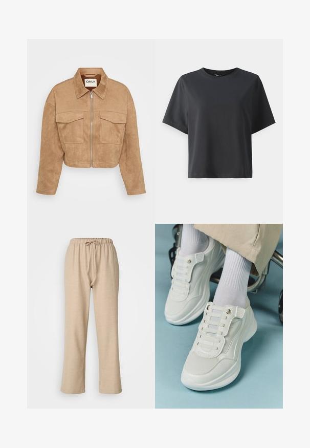 Ostrihnutá béžová zamšová bunda s predným zipsom, dvoma vreckami na hrudi a špicatým golierom; má kontrastné švy a hladkú textúru.; Čierne bavlnené tričko, krátke rukávy, okrúhly výstrih, voľný strih, hladká textúra, jednoduchý dizajn, bez vzorov alebo akcentov.; ONLY Petite ONLAMAHLE STRAIGHT PULL UP - Nohavice - pumice stone; Biele tenisky s materiálom z mlátenice, gumovou podrážkou, bezšnúrovým dizajnom s elastickými pásikmi a pozlátenými akcentmi.