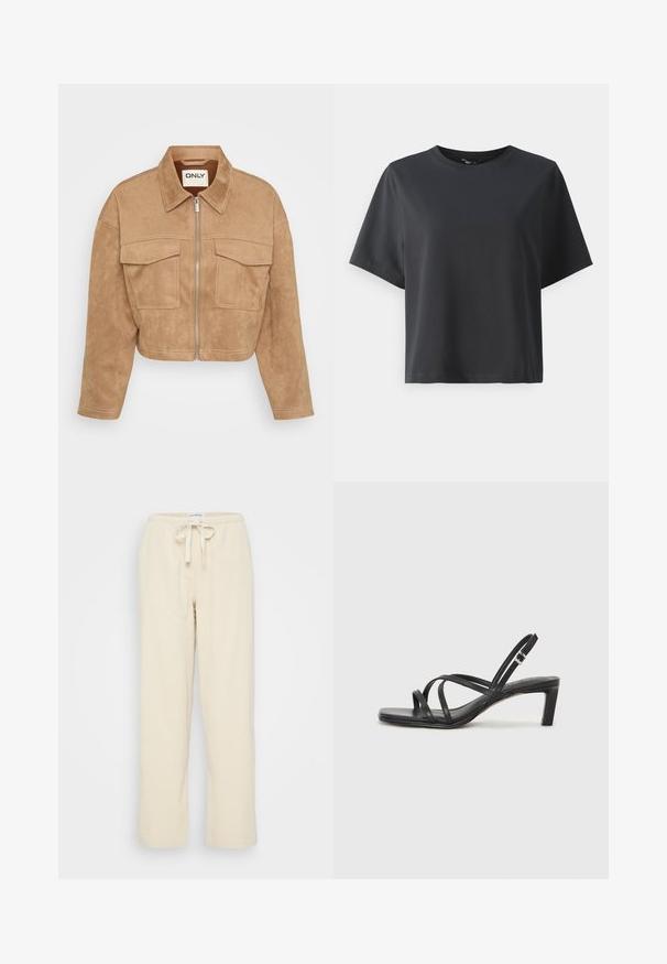 Veste en suède beige coupée avec une fermeture éclair à l'avant, deux poches poitrine et un col pointu ; présente des coutures contrastantes et une texture lisse.; T-shirt en coton noir, à manches courtes, col ras du cou, coupe décontractée, texture lisse, design simple, sans motifs ni accents.; Even&Odd Petite Pantalon classique - beige; Sandale noire à lanières avec un bout carré et un petit talon bloc. Elle présente plusieurs fines lanières et une sangle de cheville ajustable. Fabriquée en cuir lisse.
