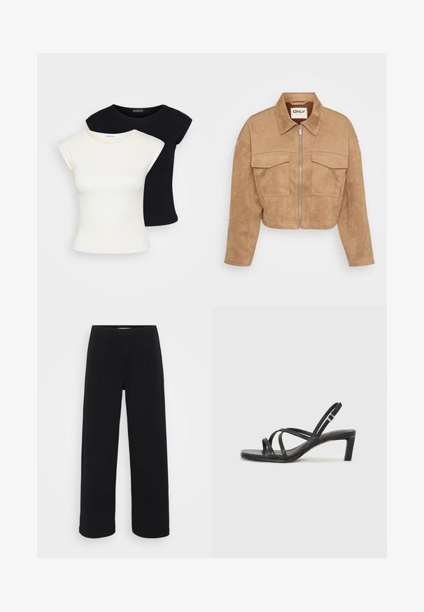 Krótkowa beżowa skórzana kurtka z suwakiem z przodu, dwoma kieszeniami na piersi i spiczastym kołnierzem; wyróżnia się kontrastowym przeszyciem i gładką teksturą.; Dwa dopasowane T-shirty: jeden w kolorze kremowym, a drugi czarnym. Wykonane z miękkiej, fakturowanej bawełny, z krótkimi rękawami i okrągłym dekoltem.; Czarne szerokie spodnie z elastycznym pasem. Wykonane z teksturowanego materiału, charakteryzujące się luźnym krojem i prostym fasonem od bioder do dołu.; Czarne sandały na obcasie z prostokątnym noskiem i niskim słupkowym obcasem. Posiadają wiele cienkich pasków i regulowany pasek na kostkę. Wykonane z gładkiej skóry.