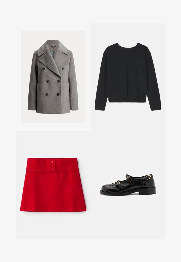 Szary wełniany płaszcz peacoat z podwójnym zapięciem, szerokim kołnierzem w kształcie klap i czarnymi guzikami. Zawiera boczne kieszenie i fakturowane wykończenie.; Czarny sweatshirt z długimi rękawami, okrągłym dekoltem i lekko krótkim dołem. Wykonany z miękkiego materiału, z delikatnym logo z przodu.; Czerwona spódnica w kształcie litery A, wykonana z gładkiego materiału, z szerokim pasem w talii i trzema różowymi guzikami, z wykończonym dołem.; Czarne skórzane buty z detalami brogu, z dwoma klamrami, okrągłym noskiem i niskim obcasem. Gładka tekstura z błyszczącym wykończeniem.
