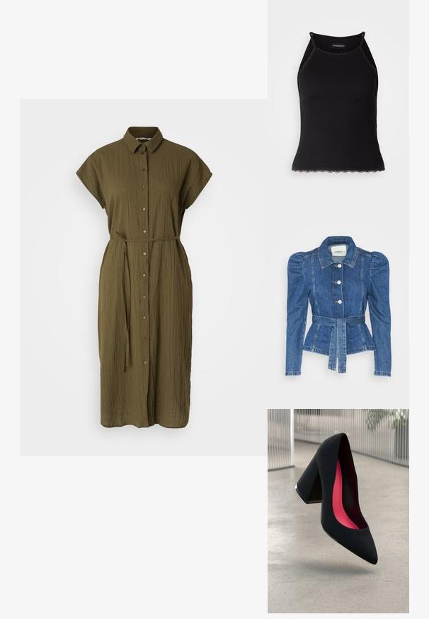 Giacca in denim con vita cintrata, corpino aderente e spalle imbottite. Colore blu medio, design strutturato e chiusura frontale con bottoni.; Vestito camicia verde oliva con bottoni, realizzato in tessuto strutturato, presenta un colletto, maniche corte e una cintura abbinata in vita.; Top in maglia nera a coste con bordo in pizzo ondulato all'orlo. Presenta spalline sottili e un design aderente. Realizzato in tessuto elasticizzato.; Scarpa con tacco alto nera, con punta affusolata, superficie testurizzata e un vivace interno rosa. Presenta un tacco spesso con un accento argentato.