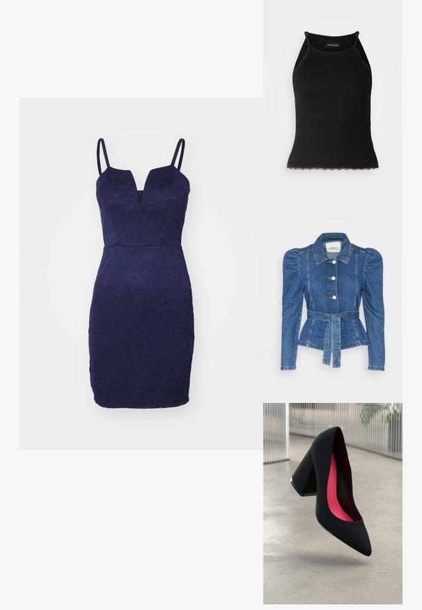 Farmer dzseki övvel a deréknál, testhez simuló fazon és puffos vállakkal. Középkék szín, struktúrált kialakítás és elöl gombos záródás.; Tengerészkék csipkebársony ruha, amely fitted sziluettel, mély dekoltázzsal és vékony pántokkal rendelkezik. A ruhát texturált virágminták díszítik.; Fekete bordázott ujjatlan felső, csipkés, fodros szegéllyel az alján. Vékony pántokkal és testhez simuló kialakítással rendelkezik. Stretch anyagból készült.; Fekete magassarkú cipő hegyes orral, textúrált felülettel és élénk rózsaszín béléssel. Vastag sarokkal rendelkezik, ezüst kiegészítővel.