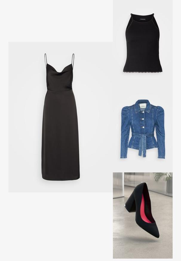 Denimo striukė su dirželiu liemens srityje, prigludusia forma ir pūstomis pečių dalimis. Vidutinio mėlynumo spalva, struktūrizuotas dizainas ir priekiniai mygtukų užsegimai.; Juodas satino suknelė su prigludusia viršutine dalimi, plačiu iškirpimu ir plonomis spageti petnešėlėmis. Sijonas krenta iki kulkšnies, pasižymintis glotnia tekstūra.; Juodas raštuotas marškinėlis be rankovių su banginiu nėriniu apdaila apatine dalimi. Savybės: plonos petnešos ir prigludusi forma. Pagaminta iš tamprios medžiagos.; Juodas aukštakulnis batai su smailiu pirštu, su tekstūruota paviršiumi ir ryškiai rožiniu vidumi. Su tiek dideliu kulnu, tiek sidabriniu akcentu.