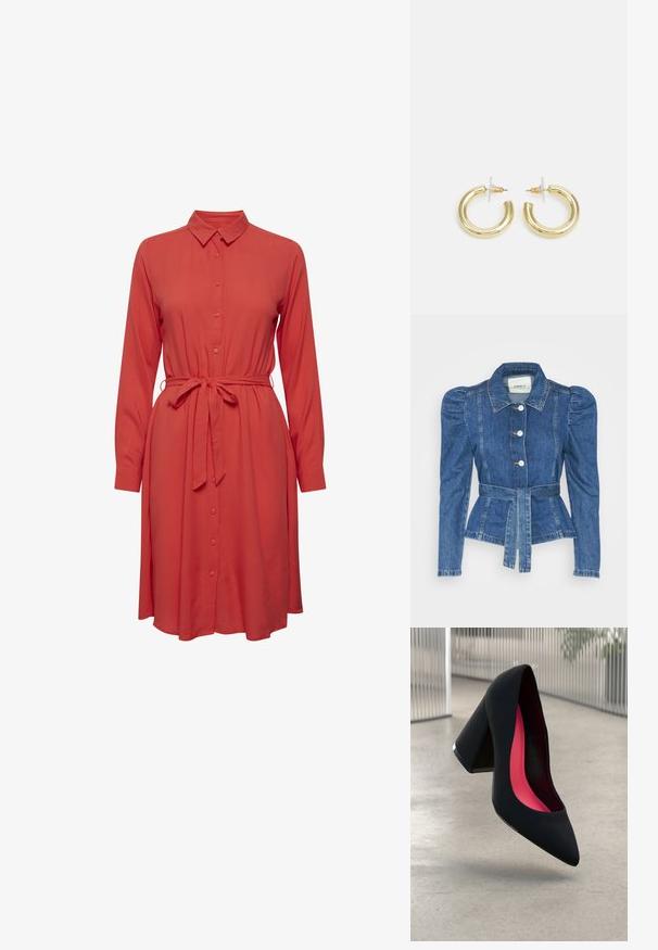 Džínová bunda s opaskom v páse, priliehavým telom a vypúknutými ramenami. Stredne modrá farba, štruktúrovaný dizajn a predné gombíkové zapínanie.; Červené šaty s dlhými rukávmi, s gombíkmi v prednej časti a opasok na viazanie v páse. Mäkka tkanina a plynulý, uvoľnený silueta.; Čierna lodička na vysokom opätku s špicatou špičkou, štruktúrovaným povrchom a živým ružovým interiérom. Obsahuje robustný opätok so strieborným akcentom.; Zlaté kruhové náušnice s hladkým, lesklým povrchom. Cirkulárny dizajn s malým steblom a jasným záznamom pre bezpečné nosenie.