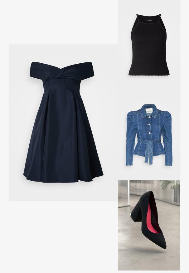 Riposso takki, jossa on vyöllinen vyötärö, istuva vartalo ja puffatut olkapäät. Keskisininen väri, rakenteellinen muotoilu ja etupainetut napit.; Smaragdin sininen off-the-shoulder-mekko satiinista, jossa on tiukasti istuva vartalo-osa, laskostettu hame ja sileä rakenne. Yksinkertainen muotoilu, ei näkyviä kuvioita.; Mustan ribbitoppi, jonka helman reunassa on aaltoileva pitsi. Ominaisuuksina ohuet hihnat ja tiukka malli. Valmistettu joustavasta kankaasta.; Musta korkokenkä, jossa on terävä kärki, teksturoitu pinta ja kirkkaan vaaleanpunainen sisus. Varustettu tukevalla kannalla, jossa on hopeinen yksityiskohta.