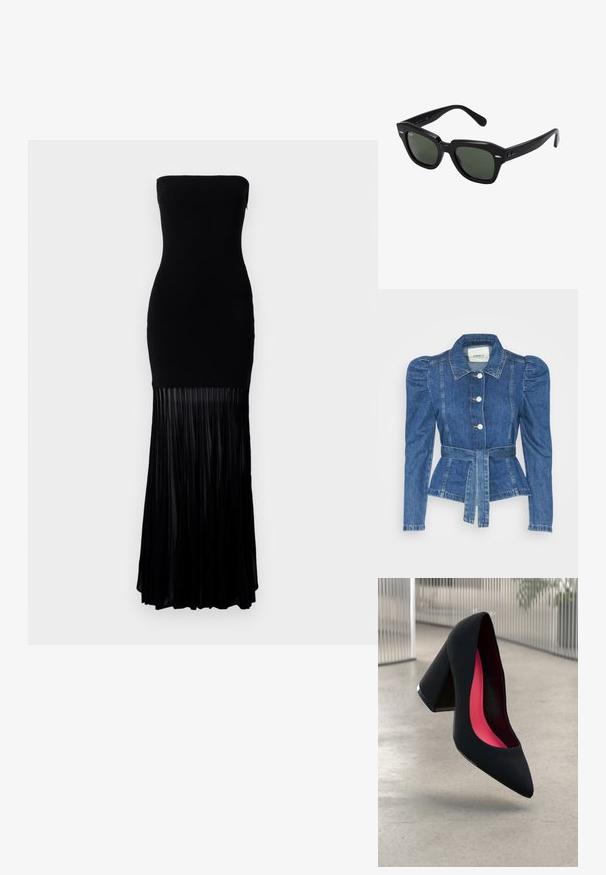 Denim jakna z pasom, prilegajoča bodica in napihnjena ramena. Srednje modra barva, strukturna zasnova in sprednje gumbne zanke.; Črna brezrokavna obleka z oprijetim topom in tekočim nabranim krilom. Narejena iz gladkega materiala, spodnji del pa je okrašen z navpičnimi nabranimi pregibi.; Črne visoke petke z nazobčanim prstom, teksturirano površino in živahnimi rožnatimi notranjimi deli. Imajo robustno peto z srebrnim akcentom.; Črne kvadratne sončna očala z temno zelenimi lečami, z drznimi okvirji in srebrnimi detajli ob straneh. Narejeno v Italiji.
