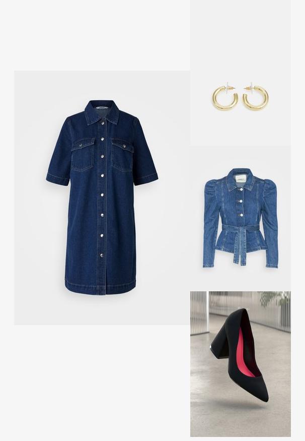 Traper jakna s pojasom u struku, prilagođenim tijelom i nabranim ramenima. Srednje plava boja, strukturirani dizajn i prednje kopčanje na tipke.; Traper haljina u tamnoplavoj boji, s kratkim rukavima, prednjim zatvaranjem na dugmad, dva džepa na prsima i srebrenim detaljima.; Crna visoka potpetica s oštrim vrhom, teksturiranom površinom i živopisnom ružičastom unutrašnjošću. Ima masivnu potpeticu s srebrnim detaljem.; Zlatne kružne naušnice s glatkom, sjajnom završnom obradom. Kružni dizajn s malom potporom i prozirnom podlogom za sigurno nošenje.