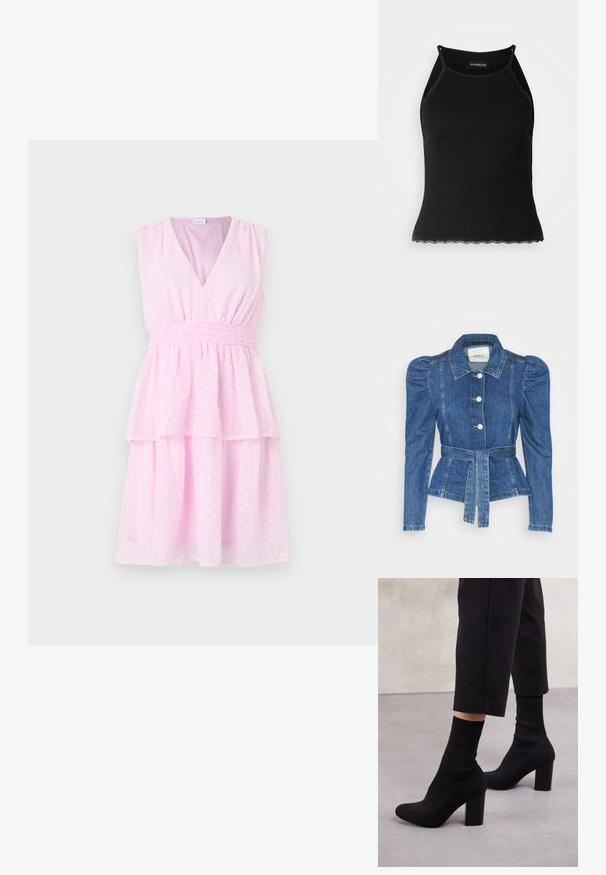 Denim jakna z pasom, prilegajoča bodica in napihnjena ramena. Srednje modra barva, strukturna zasnova in sprednje gumbne zanke.; Roza obleka z V-izrezom, brez rokavov, večplastno oblikovana in s teksturiranimi pikami. Ima guban pas za prilegajoč videz.; Črn rebrast top brez rokavov z valovitimi čipkastimi robovi na dnu. Ima tanke naramnice in oprijet kroj. Narejen je iz raztegljivega materiala.; Črne gležnjarje z visokimi petami in rebrastim zgornjim delom, gladko površino, okroglo konico in blok peto za stabilnost.