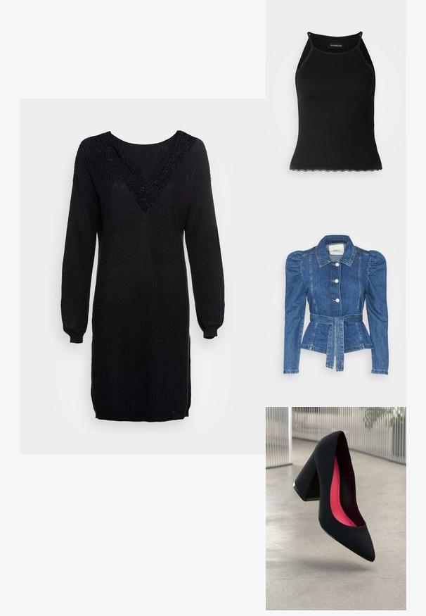 Džinsu jaka ar jostas vidukli, pieguļošu augšdaļu un pūšām plecu daļām. Vidēji zila krāsa, strukturēts dizains un priekšējie pogu aizdarījumi.; Melnā adīta svārku kleita ar garām piedurknēm, V-veida kakla izgriezumu un mežģīņu detaļām uz apkakles. Ribota tekstūra ar sānu šķēlumiem apakšmalā.; Melna ribota topiņa ar izšūtu mežģīņu apdari apakšmalā. Iezīmē plānas siksniņas un pielāgotu piegriezumu. Izgatavota no stiepjama auduma.; Melna augsta papēža kurpe ar smailu purngalu, teksturētu virsmu un dzīvespriecīgu rozā interjeru. Satur masīlu papēdi ar sudraba akcentu.