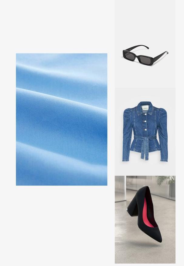 Giacca in denim con vita cintrata, corpino aderente e spalle imbottite. Colore blu medio, design strutturato e chiusura frontale con bottoni.; Tessuto azzurro chiaro con una texture liscia, caratterizzato da morbide pieghe e da un motivo regolare e omogeneo in tutto il tessuto.; Scarpa con tacco alto nera, con punta affusolata, superficie testurizzata e un vivace interno rosa. Presenta un tacco spesso con un accento argentato.; Occhiali da sole neri rettangolari con lenti scure, finitura lucida, aste larghe e design della montatura spessa. Nome del marchio inciso su un'asta.