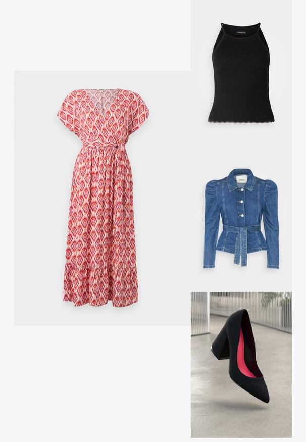 Farmer dzseki övvel a deréknál, testhez simuló fazon és puffos vállakkal. Középkék szín, struktúrált kialakítás és elöl gombos záródás.; Maxi ruha V kivágással, rövid ujjakkal és megkötött derékkal. Könnyű anyagból készült, piros és rózsaszín gyémántmintával és fodros szegéllyel.; Fekete bordázott ujjatlan felső, csipkés, fodros szegéllyel az alján. Vékony pántokkal és testhez simuló kialakítással rendelkezik. Stretch anyagból készült.; Fekete magassarkú cipő hegyes orral, textúrált felülettel és élénk rózsaszín béléssel. Vastag sarokkal rendelkezik, ezüst kiegészítővel.