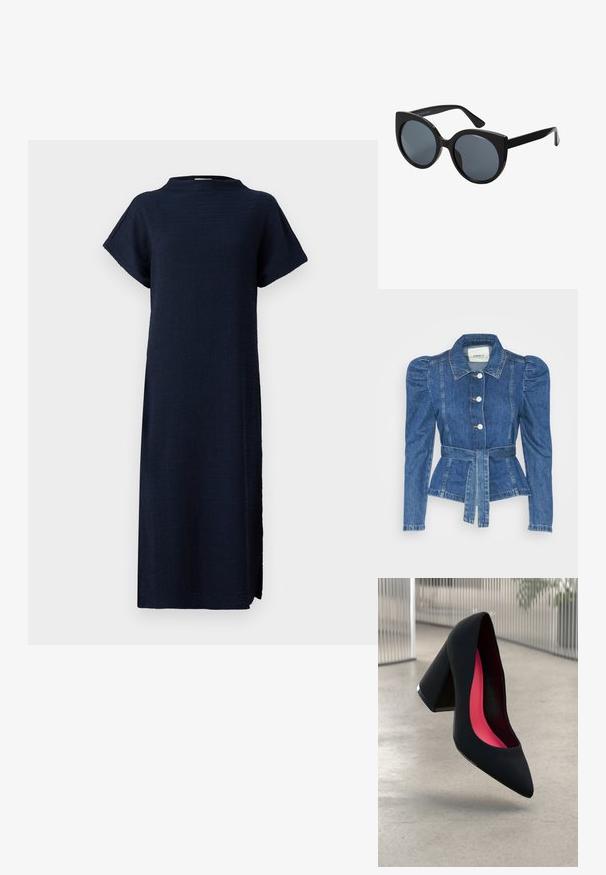 Veste en denim avec une taille ceinturée, un buste ajusté et des épaules bouffantes. Couleur bleu moyen, design structuré et fermetures à boutons sur le devant.; Robe bleu marine à coupe décontractée, avec des manches courtes, un col haut, un tissu texturé et des fentes latérales pour plus de liberté de mouvement.; Chaussure à talon haut noire avec un bout pointu et une tige texturée. Intérieur avec une doublure rose vif. Talon carré avec un accent métallique à la base.; Lunettes de soleil oversize noires en forme d'œil de chat, avec des verres teintés foncés et une monture en plastique brillant. Caractéristiques de branches épaisses pour le soutien.