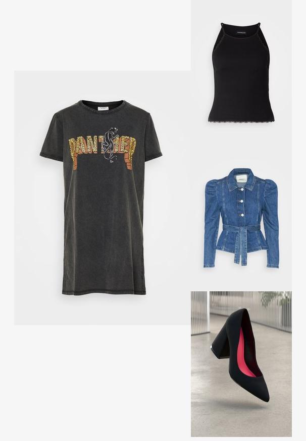 Farmer dzseki övvel a deréknál, testhez simuló fazon és puffos vállakkal. Középkék szín, struktúrált kialakítás és elöl gombos záródás.; Fekete pamut póló rövid ujjakkal, leopárdmintával és "PANTHER" grafikával. Lazán illeszkedő, környakú fazon.; Fekete bordázott ujjatlan felső, csipkés, fodros szegéllyel az alján. Vékony pántokkal és testhez simuló kialakítással rendelkezik. Stretch anyagból készült.; Fekete magassarkú cipő hegyes orral, textúrált felülettel és élénk rózsaszín béléssel. Vastag sarokkal rendelkezik, ezüst kiegészítővel.