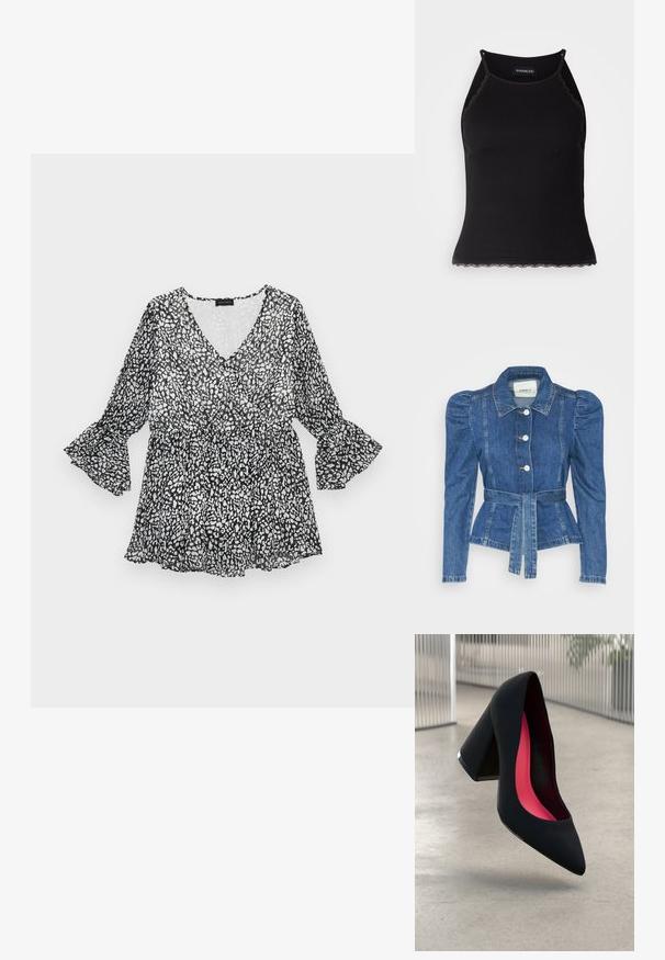 Giacca in denim con vita cintrata, corpino aderente e spalle imbottite. Colore blu medio, design strutturato e chiusura frontale con bottoni.; Blusa a maniche lunghe con bell sleeves, in bianco e nero, con scollatura a V e vita aderente. Materiale leggero e trasparente con una silhouette fluida.; Top in maglia nera a coste con bordo in pizzo ondulato all'orlo. Presenta spalline sottili e un design aderente. Realizzato in tessuto elasticizzato.; Scarpa con tacco alto nera, con punta affusolata, superficie testurizzata e un vivace interno rosa. Presenta un tacco spesso con un accento argentato.