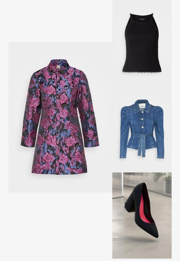 Casaco de ganga com cintura ajustada, corpete justo e ombros bufantes. Cor azul média, design estruturado e fecho frontal por botões.; Casaco estampado floral em tons de roxo e azul sobre um fundo preto. Mangas longas, fecho frontal com botões e gola ajustada. Tecido texturizado.; T-shirt sem mangas preto com acabamento em renda frisada na barra. Apresenta alças finas e um design justo. Feito de um tecido elástico.; Sapato de salto alto preto com bico puntiagudo, superfície texturizada e um interior vibrante em rosa. Apresenta um salto grosso com detalhe em prata.