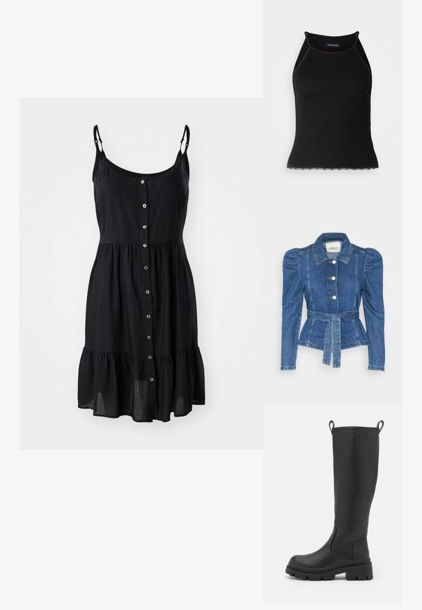 Denimiga jope, mille vöökoht on reguleeritav, kehaosa on kitsas ja õlavarred on puhvaariga. Keskmise sinise värvusega, struktureeritud disain ja ees nupulukud.; Musthave mustrinnah, millel on nupudega esi, volangiga äär ja reguleeritavad õlapaelad, valmistatud kergest kangast.; Must mustriba top musta servadega äärega. Omab peeneid rihmu ja istuvat disaini. Valmistatud venivast kangast.; Mustra mustlane sünteetilisest nahast põlvekõrguseid saapaid, millel on paks tall ja kerge konts. Varustatud tõmbenööride ja elastsete külgpaneelidega, et neid oleks lihtne jalga panna.