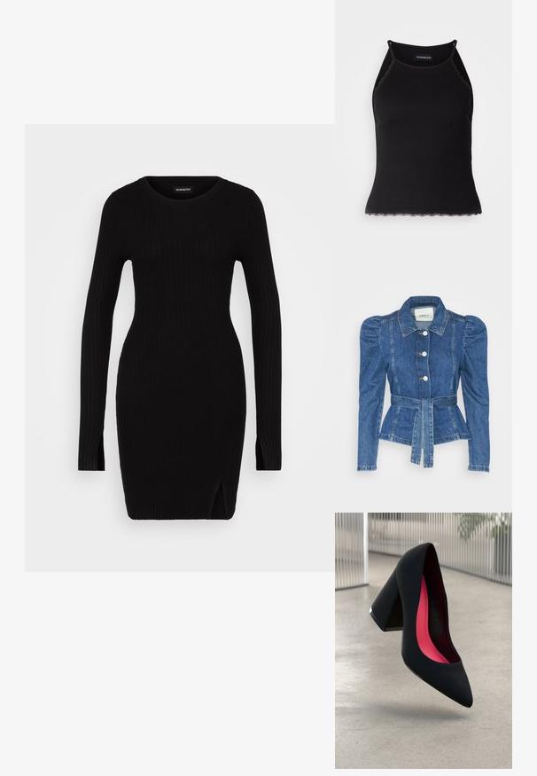 Spijkerjack met een ceintuur in de taille, een getailleerd lijfje en pofmouwen. Middelblauwe kleur, gestructureerd ontwerp en knoopsluitingen aan de voorkant.; Zwart geribbeld gebreid jurkje met lange mouwen, ronde halslijn, zijsplitten en een getailleerde silhoeët, dat een gladde textuur en minimalistisch ontwerp tentoonstelt.; Zwarte geribbelde tanktop met een scallooped kanten rand aan de onderkant. Heeft dunne bandjes en een aansluitend ontwerp. Gemaakt van rekbare stof.; Zwarte hoge hak met een spitse neus, textuur op het oppervlak en een opvallend roze interieur. Beschikt over een chunky hak met zilveren accent.