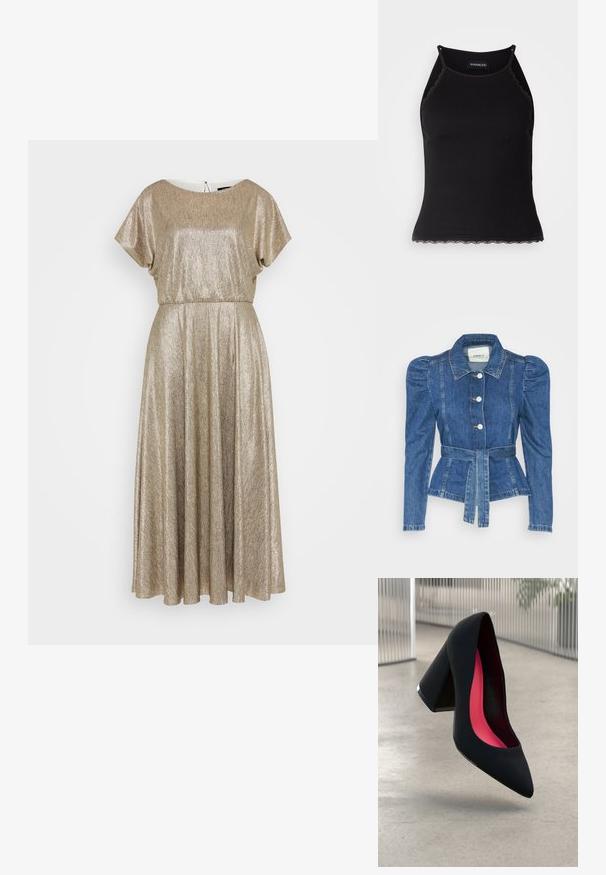 Jeansjacke mit tailliertem Schnitt, fitted Oberteil und gepufften Schultern. Mittelblaue Farbe, strukturierte Form und Frontknopfverschlüsse.; Maxikleid aus metallisch goldenem Stoff, mit kurzen Ärmeln, rundem Ausschnitt und geraffter Taille, die in einen plissierten Rock übergeht.; Schwarzes, geripptes Tanktop mit gewellten Spitzenabschluss am Saum. Mit dünnen Trägern und einer figurbetonten Passform. Hergestellt aus dehnbarem Material.; Schwarzer High Heel Schuh mit spitzer Zehe, strukturiertem Obermaterial und lebhaftem pinken Innenraum. Verfügt über einen dicken Absatz mit silberner Akzentuierung.