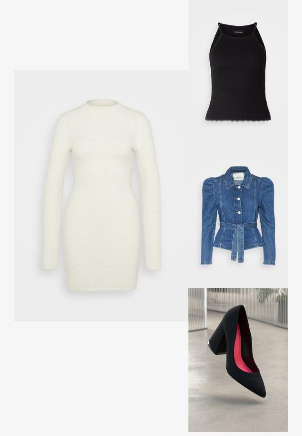 Farmer dzseki övvel a deréknál, testhez simuló fazon és puffos vállakkal. Középkék szín, struktúrált kialakítás és elöl gombos záródás.; Hosszú ujjú, puha, textúrált fehér anyagból készült ruha; testhezálló fazon, kerek nyakkivágással és sima felülettel, a közép-thigh-ig ér.; Fekete bordázott ujjatlan felső, csipkés, fodros szegéllyel az alján. Vékony pántokkal és testhez simuló kialakítással rendelkezik. Stretch anyagból készült.; Fekete magassarkú cipő hegyes orral, textúrált felülettel és élénk rózsaszín béléssel. Vastag sarokkal rendelkezik, ezüst kiegészítővel.