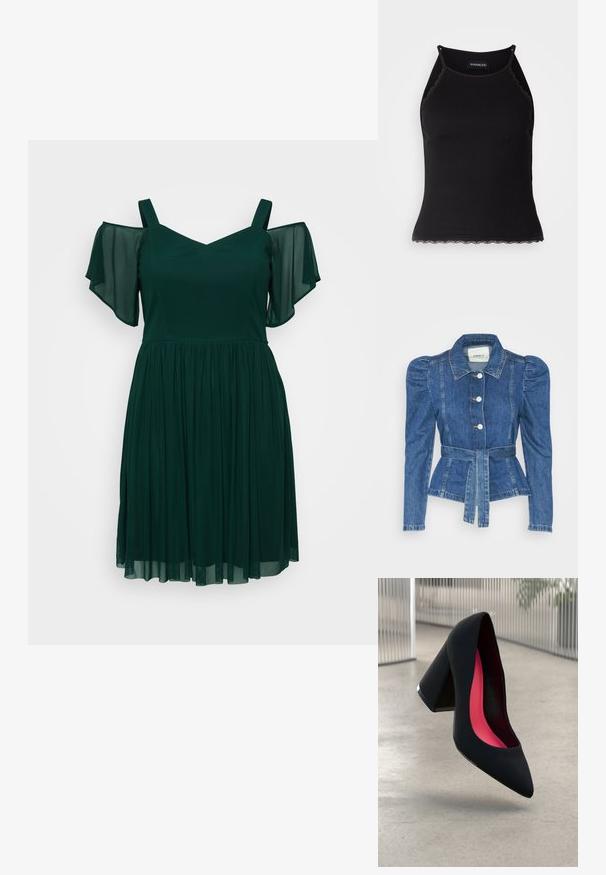 Casaco de ganga com cintura ajustada, corpete justo e ombros bufantes. Cor azul média, design estruturado e fecho frontal por botões.; Vestido verde escuro com decote em V, ombros descobertos e mangas curtas, e uma saia fluída até ao joelho feita de tecido leve.; T-shirt sem mangas preto com acabamento em renda frisada na barra. Apresenta alças finas e um design justo. Feito de um tecido elástico.; Sapato de salto alto preto com bico puntiagudo, superfície texturizada e um interior vibrante em rosa. Apresenta um salto grosso com detalhe em prata.