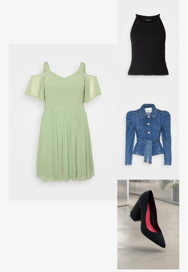 Jeansjacke mit tailliertem Schnitt, fitted Oberteil und gepufften Schultern. Mittelblaue Farbe, strukturierte Form und Frontknopfverschlüsse.; Hellgrünes Kleid mit schulterfreien Ärmeln, V-Ausschnitt und gerafftem Rock. Hergestellt aus weichem, fließendem Material mit einer glatten Textur.; Schwarzes, geripptes Tanktop mit gewellten Spitzenabschluss am Saum. Mit dünnen Trägern und einer figurbetonten Passform. Hergestellt aus dehnbarem Material.; Schwarzer High Heel Schuh mit spitzer Zehe, strukturiertem Obermaterial und lebhaftem pinken Innenraum. Verfügt über einen dicken Absatz mit silberner Akzentuierung.